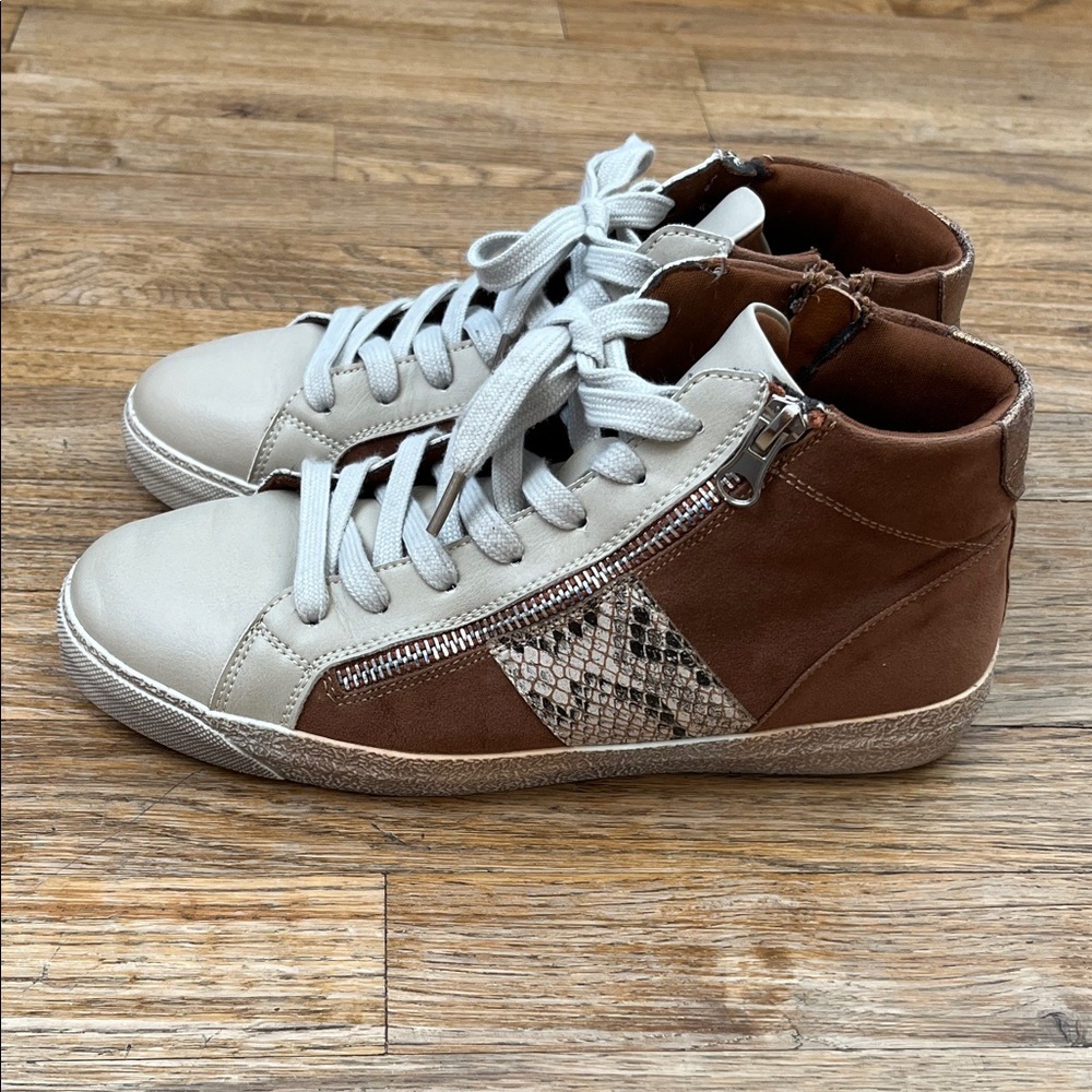 Ninety Union Tan Suede and Cream Snake Print High-Top Sneakers
